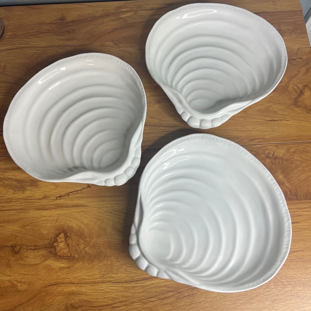 Pottery Barn Clam Shell Salad Plates Set of 3 White Ceramic Coastal Seashore